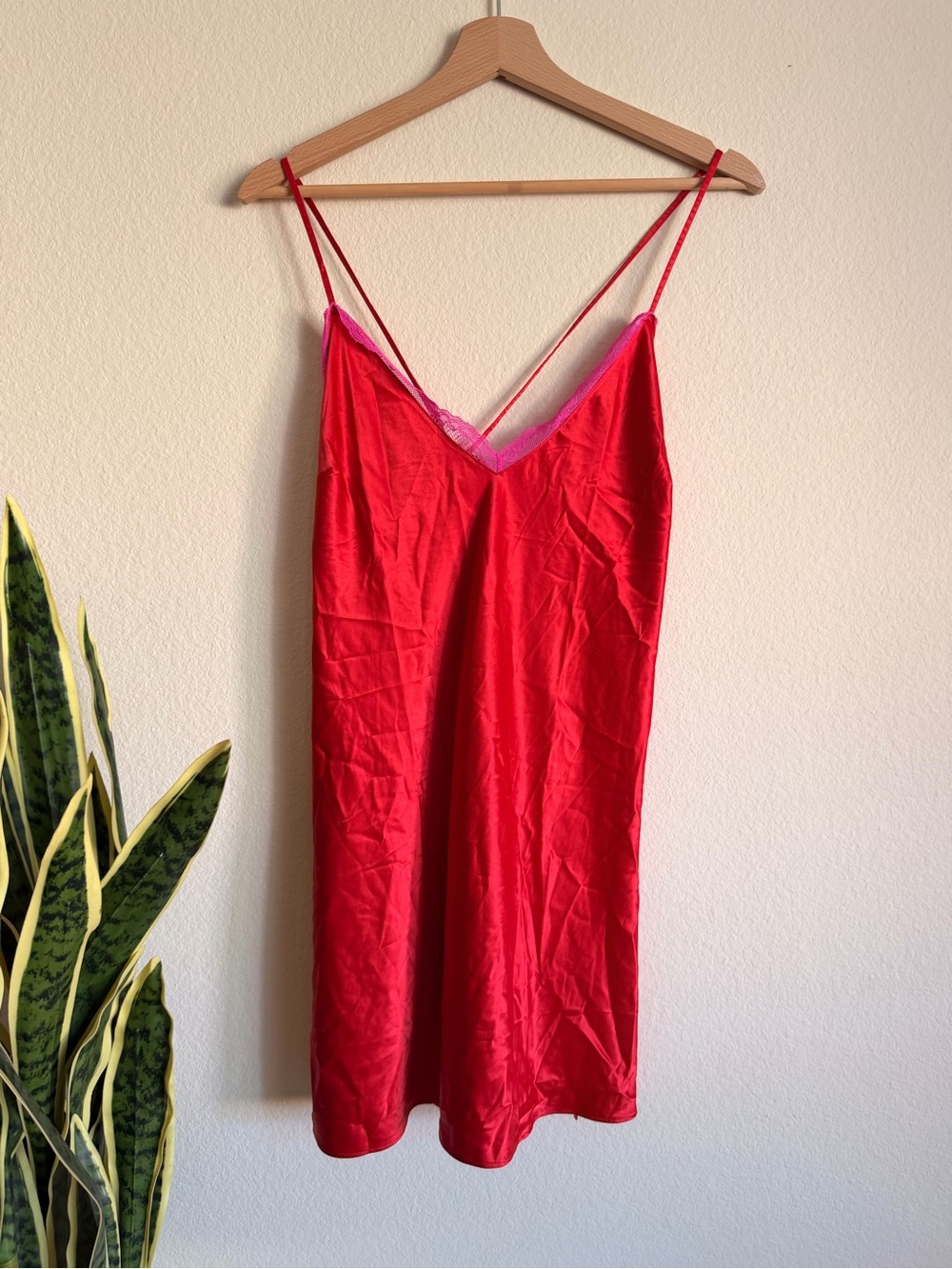 Parade Red and Pink Satin Slip Nightdress with Lace Trim